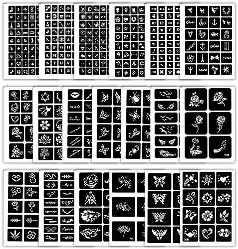 19 Blatt Airbrush Tattoo Schablonen Set – Wiederverwendbare Glitter Tattoos – Über 600+ Muster.