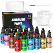 Airbrush Farben Set, 26 Acrylfarben Set, Farben Airbrush Set Wasserbasis, Spritzfertig, Acryllack enthalten Metallic, Perle und Neonfarben auf Papier, Leinwand, Holz, Stoff, 20 ml