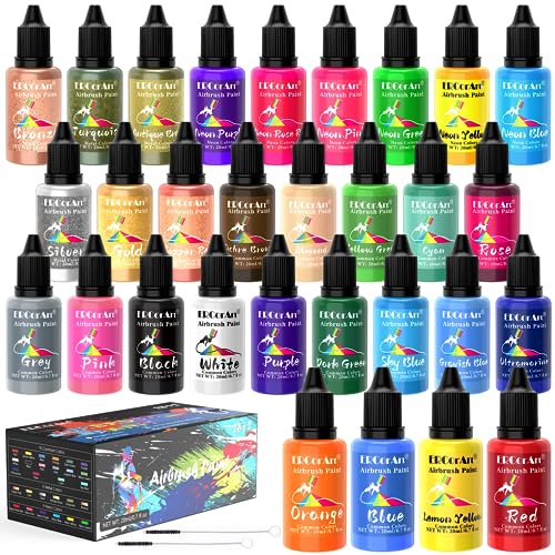 Airbrush Farben Set – 30 Farben Airbrush Set mit 2 Pinseln, Acrylfarben Set Nägel, Wasserbasiert, Ungiftig, Hochpigmentiert, Metallisch, für Holz, Modelle, Autos, Airbrush Set Kinder – 20ml/Flasche