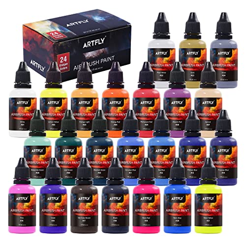 ARTFLY Airbrush Farben, 24 Farben Airbrush Farbset beinhaltet Metallische Farben und Neonfarben, Opake & Waserbasierende Acryl-Airbrush-Farben, Leder & Schuh Airbrush Farbkit