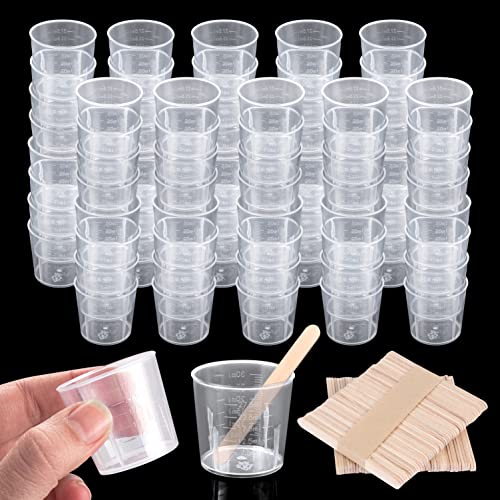 JSMTKJ Messbecher Mischbecher 80Stk Meßbecher Kunststoff Mit 100Stk Holzstäbchen für Mischen von Farben Epoxiden Harz Labor Kochen Malerei Zubehör (30ml)