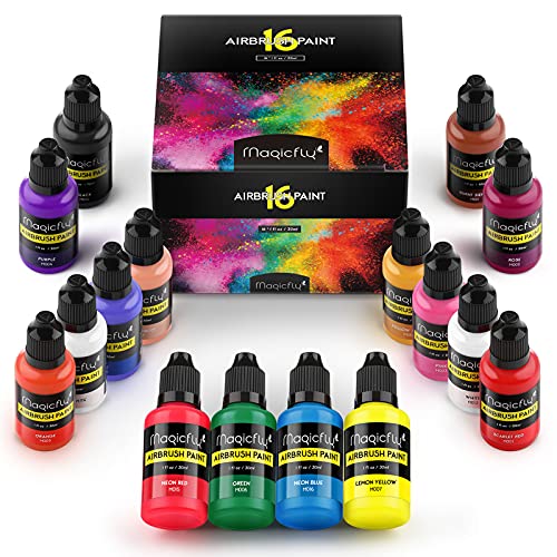 Magicfly Acrylfarben Airbrush Farben, 16 x 30ml Airbrush Farben Set für Modellbau, Leinwand, Papier, Holz, Stein, Keramik