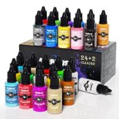 SigWong Airbrush Farben Set, 24 Farben Airbrush Farben mit 2 Airbrush Reiniger, spritzfertig, Acrylfarbe Set auf Wasserbasis für Metall, Kunststoffmodelle, Leder, 20ml/Flasche, Deck-, Neon