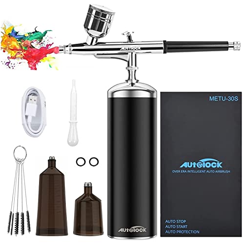 Autolock Airbrush, Spritzpistole Set 30PSI mit Kompressor, Tragbares kabelloses Airbrush-Kit und Wiederaufladbares Hand-Airbrush-Set, für Schminke, Kuchendekoration, Modellfärbung, Nagelkunst, Täto