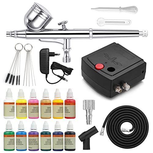 Professionelles Airbrush Kompressor Set mit Acrylfarben für Werbeillustrationen, Bodypainting, Modellbau, Nail Design, Kuchen und Kosmetik!