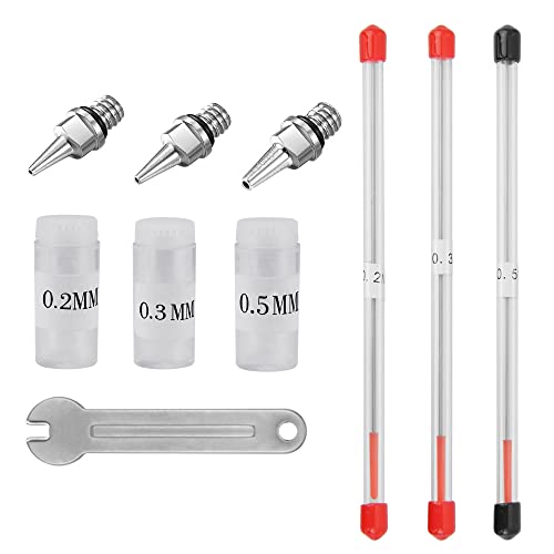 Favengo 7 Stück Airbrush Düse 0.2mm/0.3mm/0.5mm Airbrush Nadeln Ersatz Airbrush Zubehör Universal für Airbrush Gun Düse und Nadel Ersatzteile, und EIN Spezieller Schraubenschlüssel