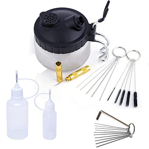 Poweka Airbrush Reinigungsset mit 5 Reinigungsbürsten, 5 Reinigungsnadeln, Reamer,Airbrush-Reinigungstopf Airbrush Reiniger, Tropfflaschen