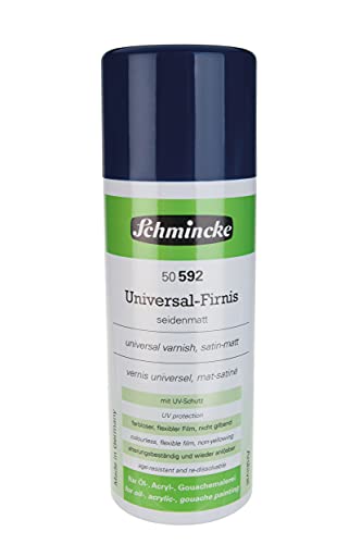 Schmincke – Universal-Firnis seidenmatt, Aerospray, 400 ml, 50 592 042, Schlussfirnis für Öl-, Acryl- und andere Maltechniken, Kunstharzfirnis mit UV-Schutz, farblos