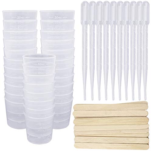 SelfTek Kunststoff-Messbecher Set – 50x 30 ml-Messbecher, 50x Rührstäbchen, 50x 3ml-Pipette für präzises Mischen von Harz, Farbe und mehr