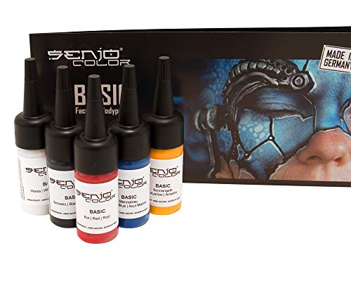 Senjo Color ® Airbrush Farbenset für Gesicht & Körper – 5 x 15ml Farben in Schwarz, Weiß, Rot, Gelb & Blau.