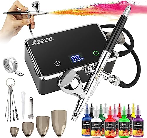 XDOVET Verbessertes 32 PSI Airbrush Set mit Farblack 12 Farben/ 30ml, Dual-Action Airbrush Set mit Modellbau Farbstoffe, Tragbares Airbrush Set mit Kompressor für Färbung